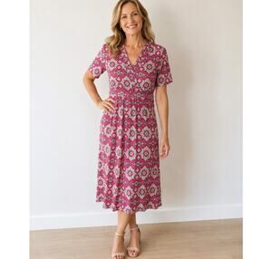 Croft & Barrow Pink Medallion Dress Stretch Midi Short Sleeve Fit & Flare L